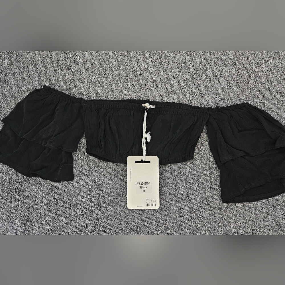 Black Off-Shoulder Ruffle Crop Top.  Flat Friendly!